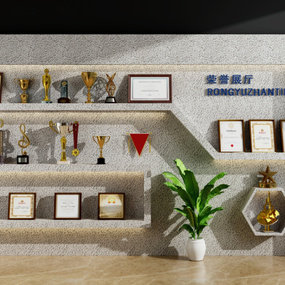 现代奖杯奖牌证书荣誉墙展厅3d模型