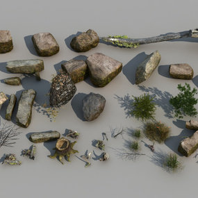 现代石头枯树桩组合3d模型