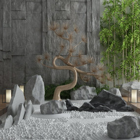 新中式竹子干松树景观小品3d模型