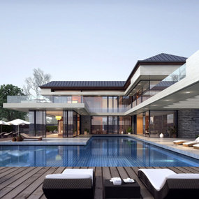 新中式别墅外观户外露天泳池3d模型