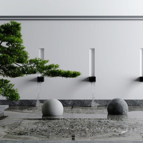 新中式庭院景观流水景观松树3d模型