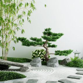 中式假山松树绿植景观小品3d模型