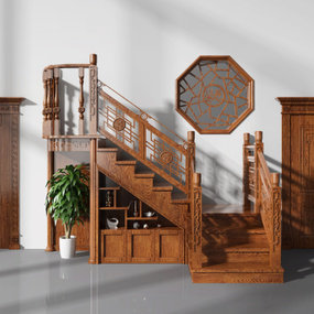 中式实木楼梯3d模型