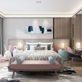 新中式卧室女孩房3d模型