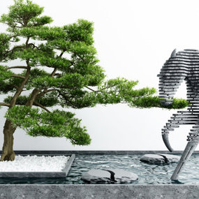 现代松树马雕塑水景3d模型