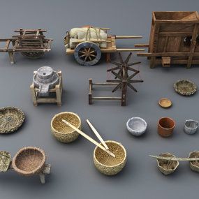 中式农具簸箕缝纫机手推车组合3d模型