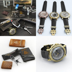 现代饰品手表钱包车钥匙摆件组合3d模型