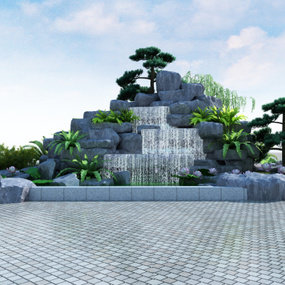 中式假山水池石头植物小品3d模型