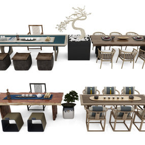 新中式实木茶桌椅组合3d模型
