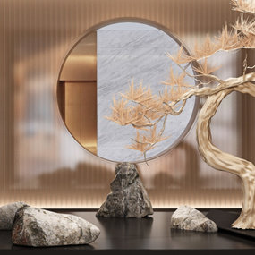 新中式枯树石头景观小品3d模型