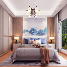 新中式主人房卧室3d模型