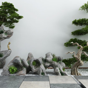 新中式庭院假山松树3d模型