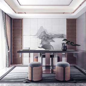 新中式书房茶室3d模型