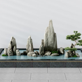 新中式假山水池景观小品3d模型