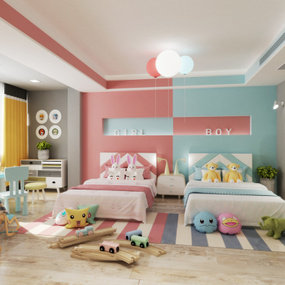 北欧儿童房卧室双床房3d模型