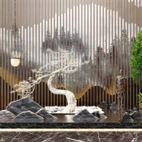 新中式假山雕塑松树园艺小品3d模型