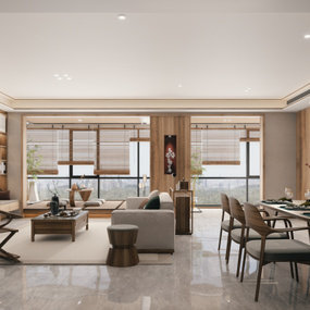 新中式客厅餐厅3d模型