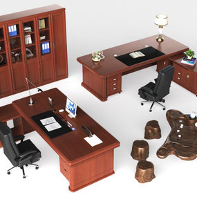 新中式实木班台桌文件柜茶桌椅3d模型