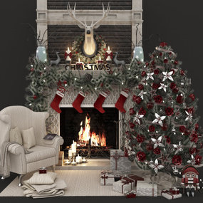 欧式圣诞树壁炉装饰品3d模型