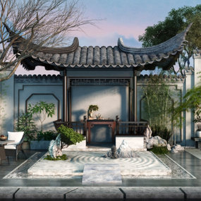 中式假山松树竹子园艺小品3d模型