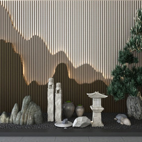 新中式松树岩石园艺小品3d模型