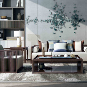 中式实木布艺沙发组合3d模型