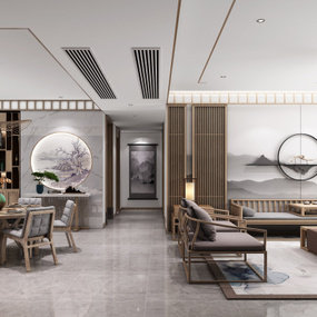 新中式简约客厅餐厅3d模型