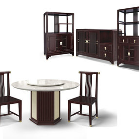 新中式实木餐桌椅餐边柜3d模型