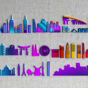 现代城市建筑渐变墙饰挂件3d模型