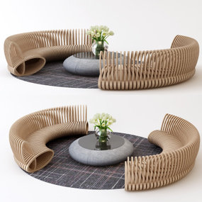 现代多人实木弧形沙发3d模型