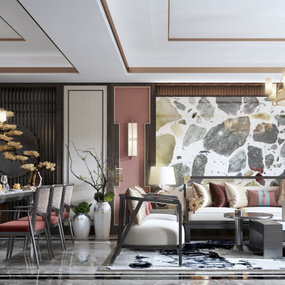 新中式轻奢客厅餐厅3d模型