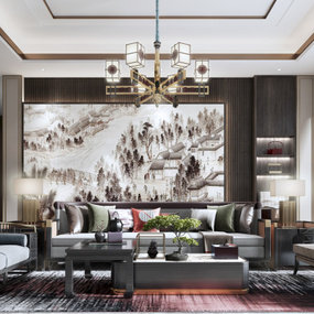 新中式轻奢实木布艺沙发组合3d模型
