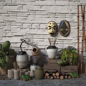 自然风陶罐木柴盆栽景观小品3d模型