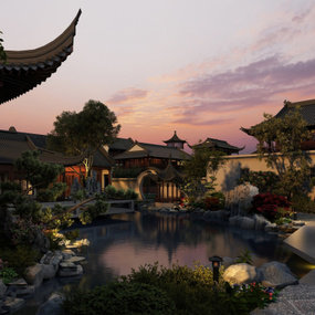 中式园林夜景3d模型