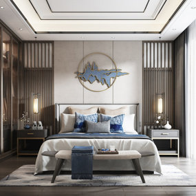 新中式主人房卧室3d模型