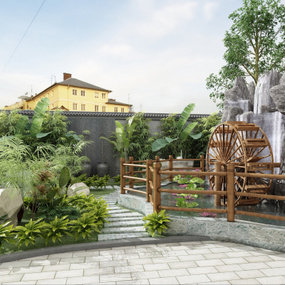 新中式庭院假山园林景观3d模型