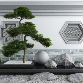 新中式松树岩石园艺小品3d模型