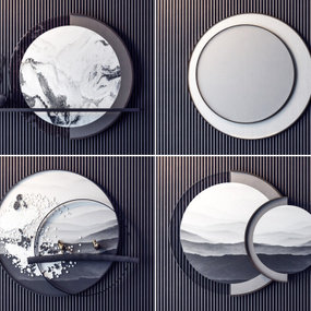 新中式山水画圆形挂件3d模型