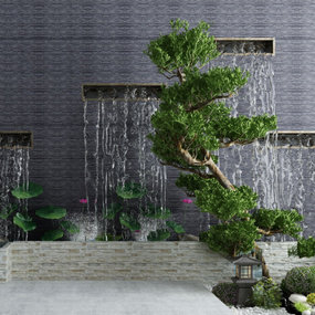 新中式松树荷花池水景3d模型