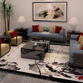 中式客厅沙发茶几组合3D模型
