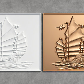 新中式帆船铜质石膏浮雕3d模型