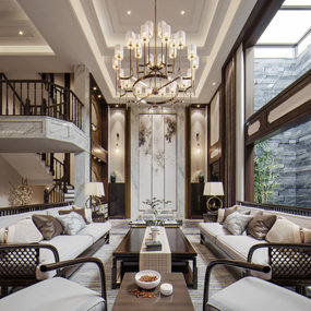 新中式轻奢别墅客厅茶室3d模型