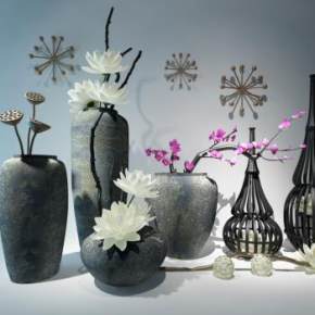 新中式花艺墙式器皿陈设品组合3D模型