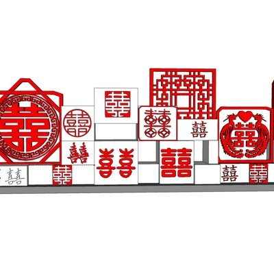 中式喜字景观墙su模型