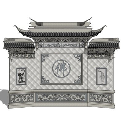 中式雕花影壁景观墙su模型