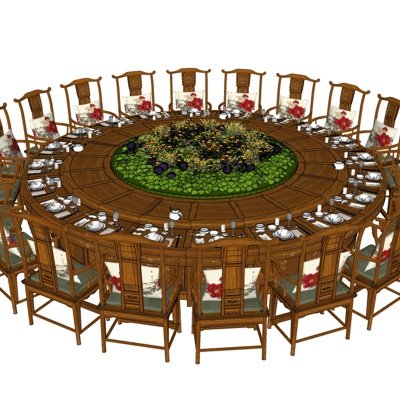 新中式圆形实木宴会桌椅su模型