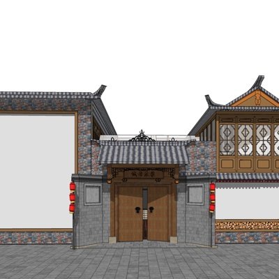 中式独栋别墅外观su模型
