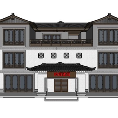 新中式独栋别墅外观su模型