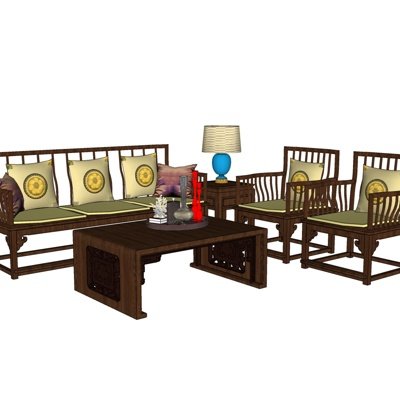 新中式实木组合沙发su模型