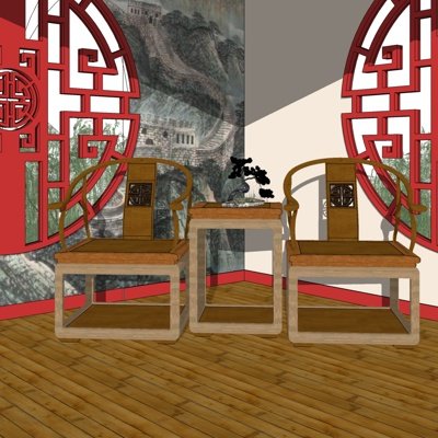 中式实木休闲桌椅su模型